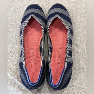 Rothy's Navy Stripe Knit Ballet Flat with Coral Insole